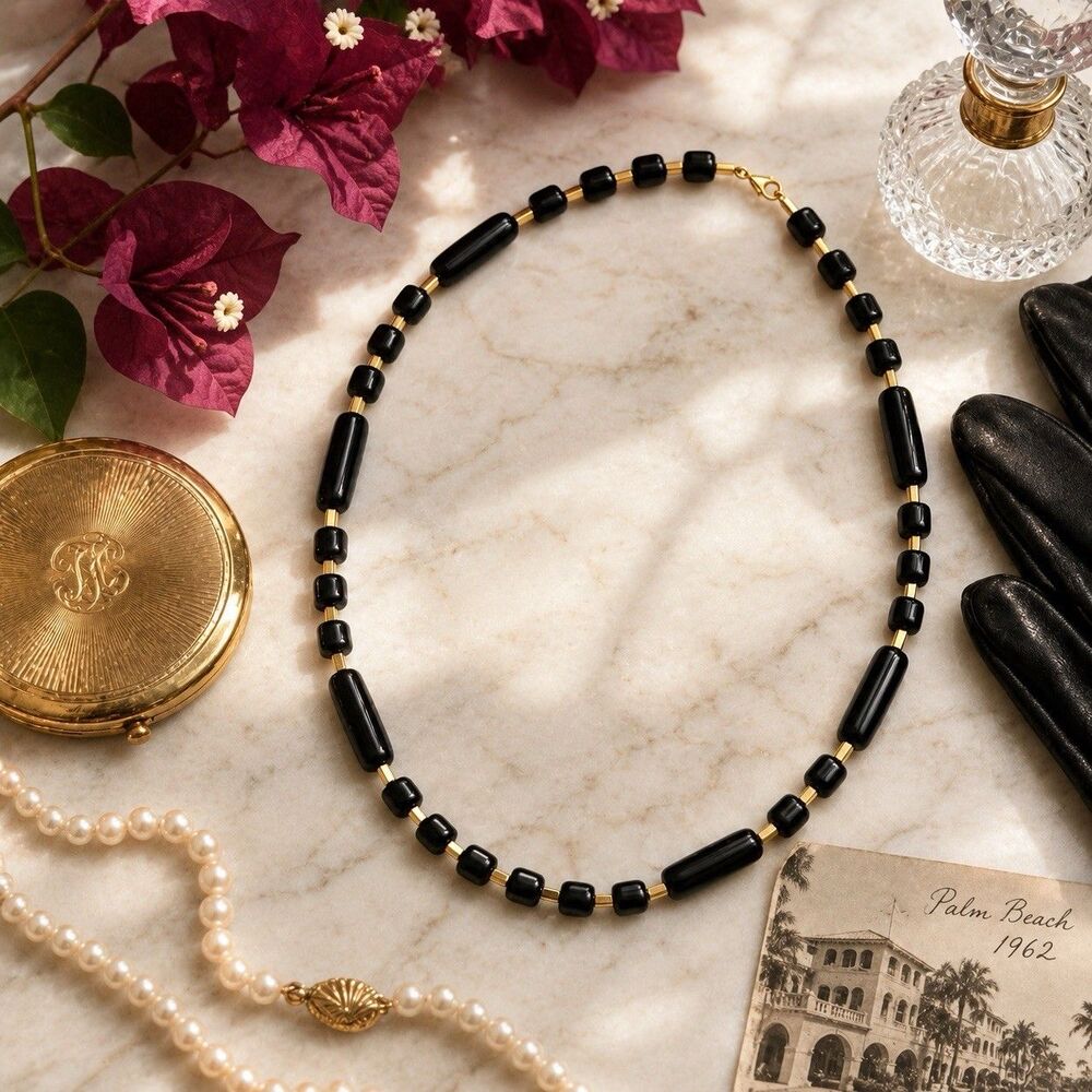 Trifari Necklace Vintage Black Lucite Beaded Gold Tone Signed Classic Minimalist
